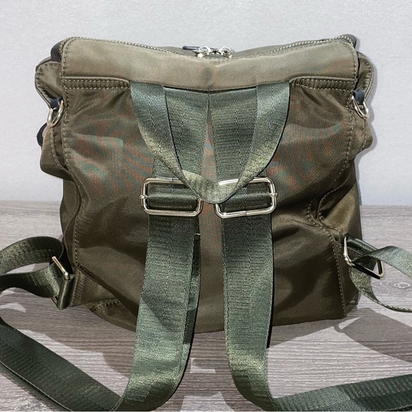 CLN Olive Green & Gold Tone Hardware Backpack Carry Bag 3 Front Pockets Dual Zip - Picture 5 of 10